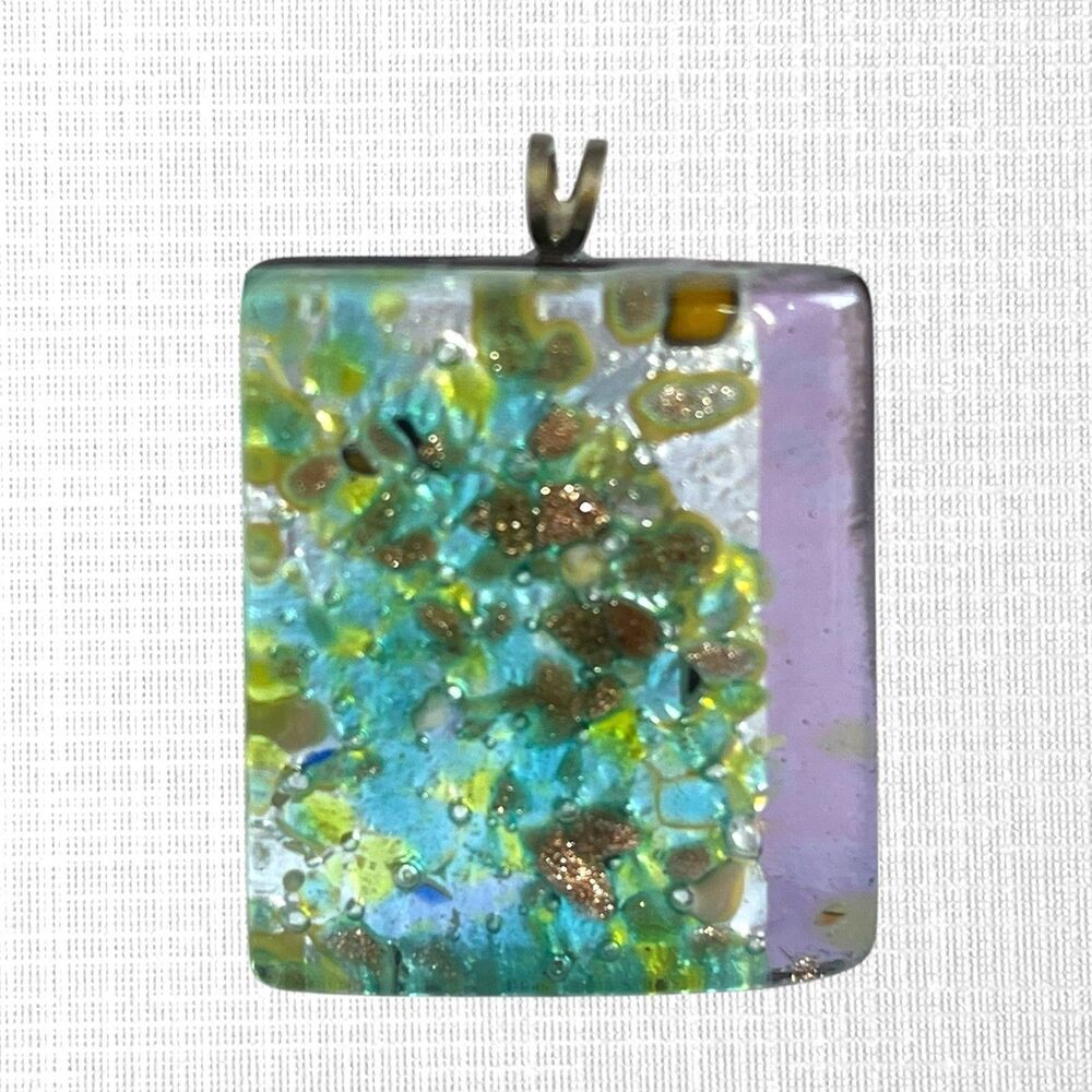 VTG Dichroic Glass Pendant Rectangle Purple Blue Silver Tone Foil Venetian Style